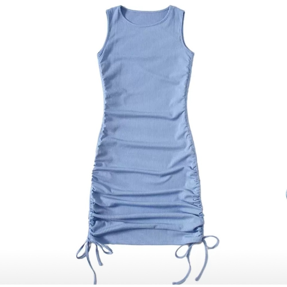 Bodycon Sleeveless Blue Dress with Drawstring Side Women Size Large